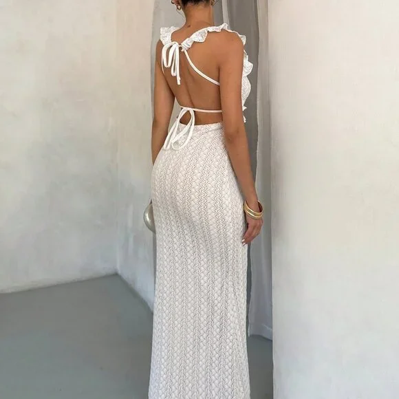 White Elegant Women's Sexy Off-Shoulder Crochet Dress - Picture 2 of 5